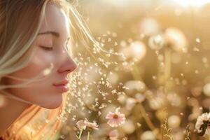Beautiful woman enjoying nature with dandelion on field at sunset photo