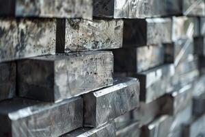 Stack of metal bars creating abstract industrial background photo