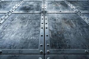 Perspective view of a large metal surface constructed with rivets and square plates photo