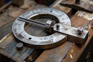 Old circular protractor lying on a metal workbench in a workshop photo