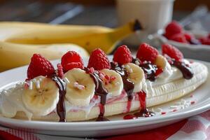 Banana split dessert being drizzled with chocolate sauce and topped with raspberries photo