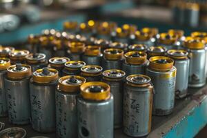 Technician analyzing battery cells for defects in engineering lab photo
