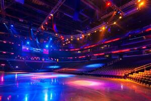 Empty multi purpose event arena with seating and stage lighting photo