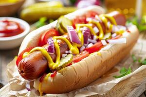 Delicious hot dog with mustard relish and pickles on a bun photo