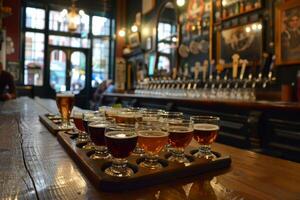 Tasting tray full of different beers standing on bar counter in pub photo