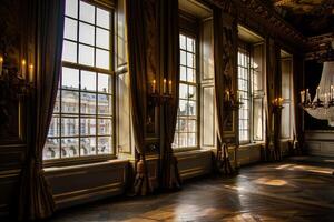 Sunlight illuminating empty ballroom with a view on a historic building photo