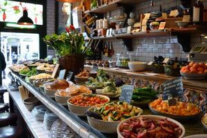 Freshly prepared salads and vegetables displayed on counter in deli photo