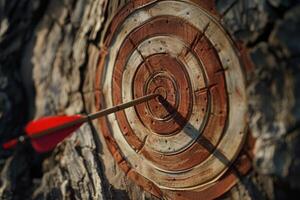 Red arrow hitting the center of an old target on a tree trunk photo