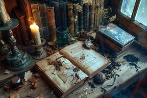 Open grimoire lying on a desk with candlesticks and dried plants in a mystical atmosphere photo