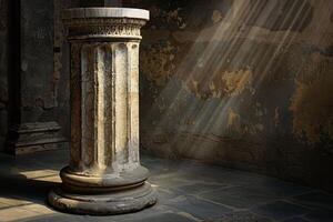 Sunlight illuminating ancient weathered stone column in old building photo