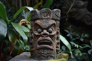 Ancient mayan stone statue depicting deity with angry expression surrounded by lush greenery photo