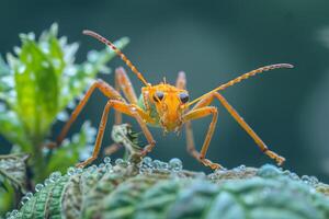 Orange insect standing on a green leaf covered in dew drops photo