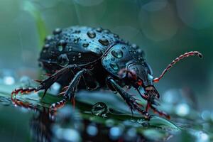 Black beetle covered in dew drops standing on a leaf photo