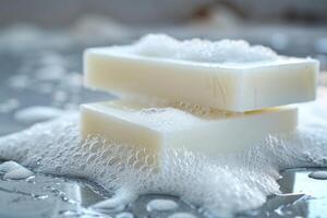 Two bars of white soap covered in bubbles are lying on wet surface photo