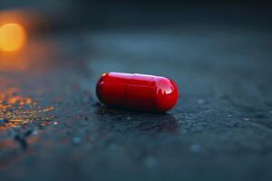 Single red pill lying on dark reflective surface photo