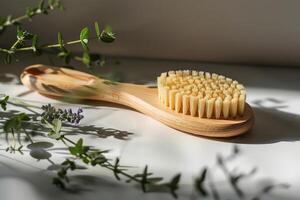 Wooden bath brush for dry massage on white table with lavender and herbs is creating shadows photo