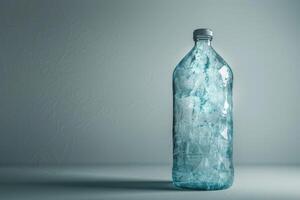 Frozen water bottle is sitting on a reflective surface photo