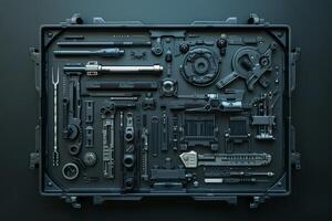Futuristic mechanical components organised neatly inside case photo