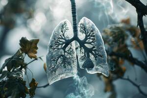 Frozen lungs hanging from a tree branch are surrounded by smoke photo
