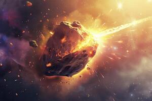 Giant asteroid entering atmosphere exploding over planet photo