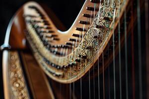 Close up of a harp with ornate carvings, highlighting the craftsmanship of string instruments photo