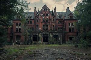 Abandoned brick asylum building with boarded up windows decaying photo