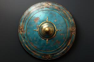 Ancient round shield showing the wear and tear of battle on dark background photo