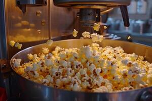 Popcorn machine pouring freshly made popcorn into a container photo