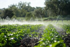 Water sprinklers irrigating a potato field on a bright sunny day photo