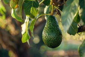 Ripe green avocado hanging from branch in orchard photo