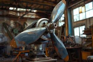 Old airplane engine with rusty propeller blades in workshop photo