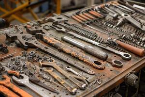 Rusty tools lying on metal surface in workshop photo