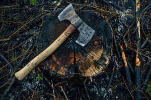 Axe resting on tree stump surrounded by burnt branches photo