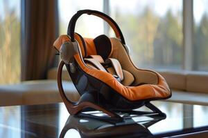 Empty baby car seat sitting on a table inside a house photo