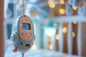Baby monitor hanging on a crib with blurred background photo