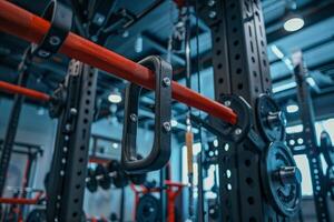 Red barbell hanging on a weight rack in a modern gym photo