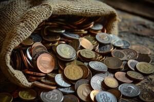 Old burlap bag spilling coins on wooden surface photo