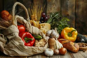 Reusable shopper bag overflowing with fresh vegetables, bread, and pasta on rustic wooden table photo