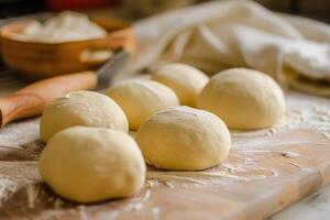 Raw dough balls proofing and resting on wooden board photo