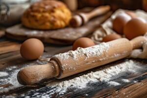 Wooden rolling pin covered in flour resting on rustic table with eggs and bread in background photo