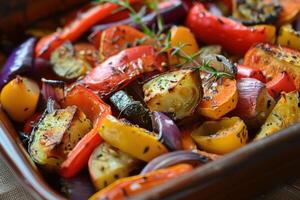 Delicious roasted vegetables with rosemary and spices directly above photo