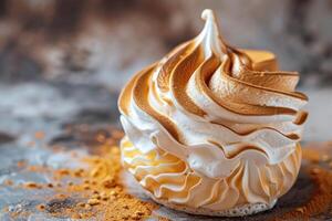 Delicious meringue dessert sitting on crumbs on gray textured surface photo