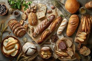 Different types of bread loaf baguette and pastry lying on wooden table photo