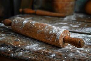 Old wooden rolling pin covered in flour on rustic tabletop photo