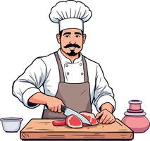 Chef slicing red meat on wooden cutting board vector