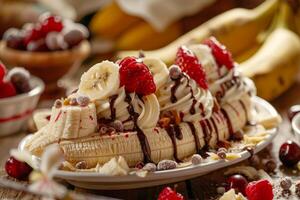 Banana split decorated with whipped cream, chocolate, and fruit on a rustic wooden table photo