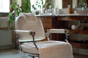 Empty barber chair awaiting client in modern barbershop photo