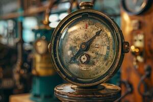 Old pressure gauge showing atmospheric pressure in workshop photo