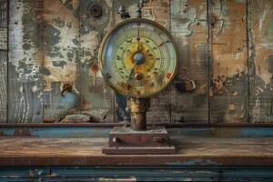 Old weathered pressure gauge resting on wooden shelf photo