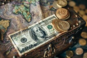 Hundred dollar bill resting on antique chest with world map and gold coins photo